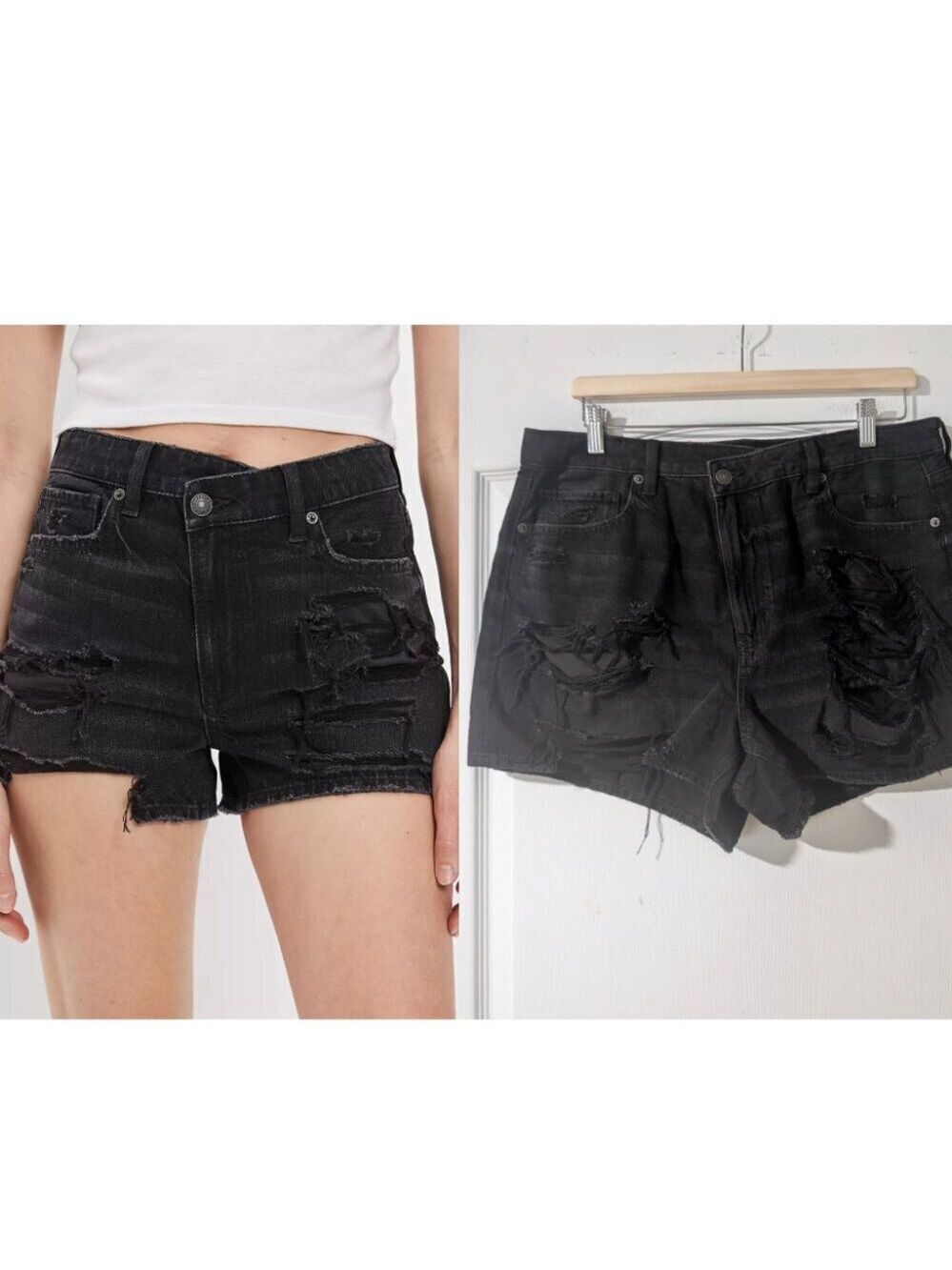 NWT AE | Asymmetrical Waist Distressed Denim Mom Short in Black